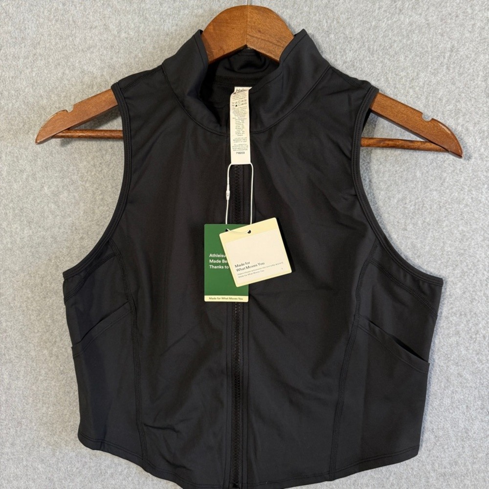 Halara Full Zip Cropped Vest Athleisure L Black NWT Side Pockets Mock Neck